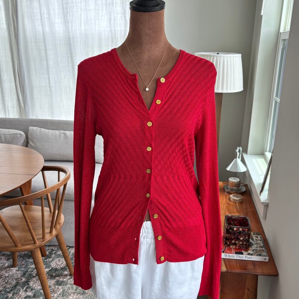 Dana Buchman Red Shimmer Gold Metallic Button Lightweight Summer Cardigan Small